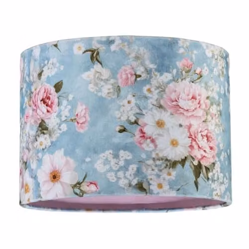 Happy Homewares Vintage Cylinder Velvet Lamp Shade in Blue with Pink and White Flowers, W/D/H: 18 x 18 x 25 cm