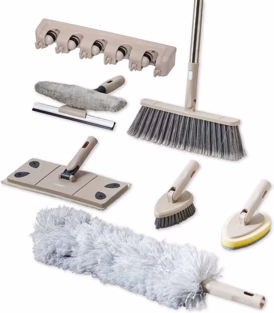 Tower 8 Piece Mushroom Cleaning Set with Telescopic Handle and Microfibre Broom in Brown and Beige