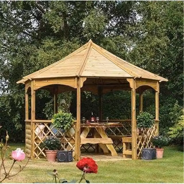 Cheshire Pressure Treated Octagonal Wood Gazebo with Open Trellis Sides and Floor in Light Oak – 1