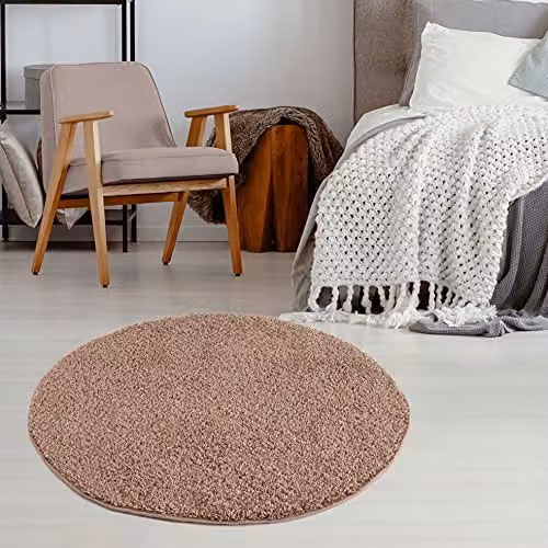 THE RUGS Beige Plain Soft High Pile Shaggy Round Rug, Diameter: 120 cm – 3
