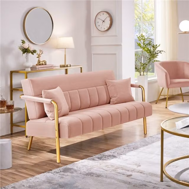 Yaheetech Modern Pink Velvet Upholstered Sofa with Gold Metal Frame and Scatter Cushions
