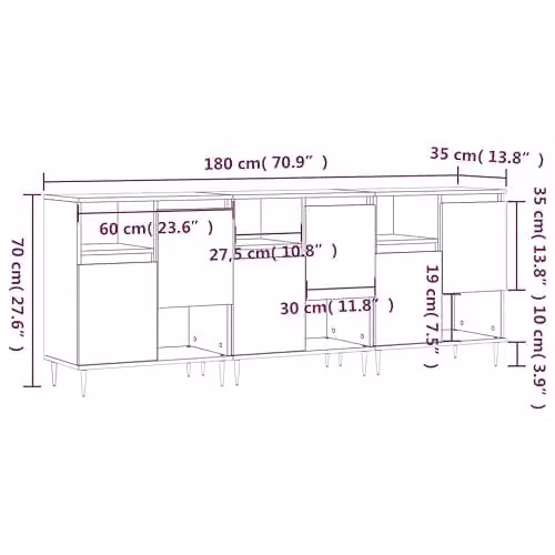 vidaXL Set of 3 Modern Sideboards in Smoked Oak Brown Engineered Wood – 3