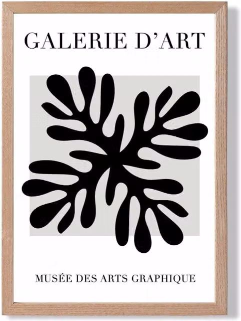 ARTZE Matisse Floral Cutout Framed Print in Black, Grey and White with Oak Frame, A3