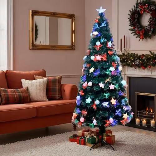 Shatchi 150 cm Green Fibre Optic Christmas Tree with Pastel Stars and Baubles, Pre-Lit with Multicolour Changing Lights – 5