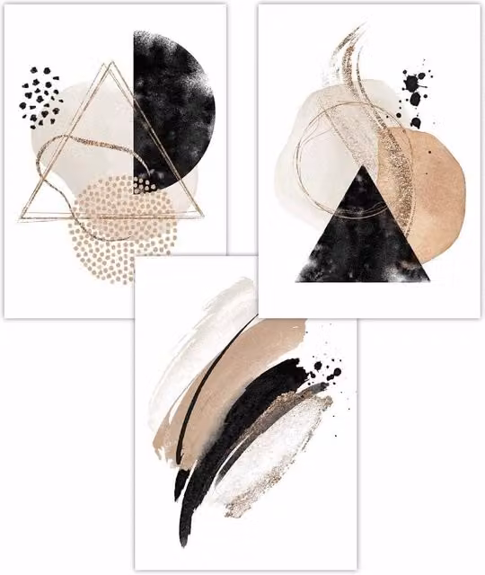 ARTZE Set of 3 Modern Abstract Geometric Paper Posters in Black, Beige and Gold, W: 59 cm, H: 84 cm
