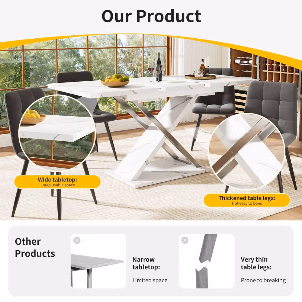 Rolipo Minimalist Extendable Rectangular Dining Table with Marble Effect White Glossy Top and Metal X-Frame Legs – 2