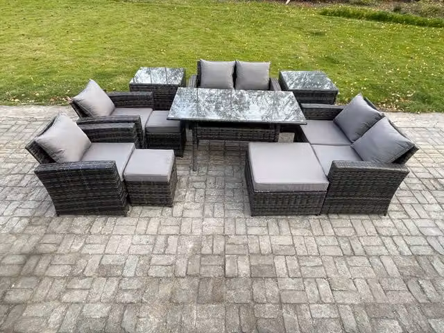 Fimous 10 Piece Rattan Garden Furniture Set with 3 Footstools and 2 Side Tables in Dark Grey