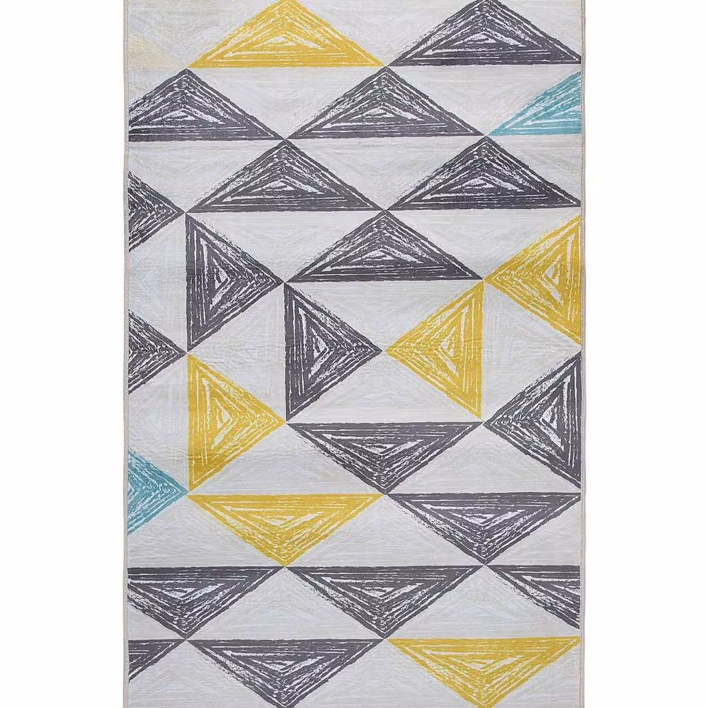 Wyld and Coco Grey and Yellow Geometric Scandinavian Rectangular Low-Pile Rug, W: 80 cm, L: 150 cm – 1