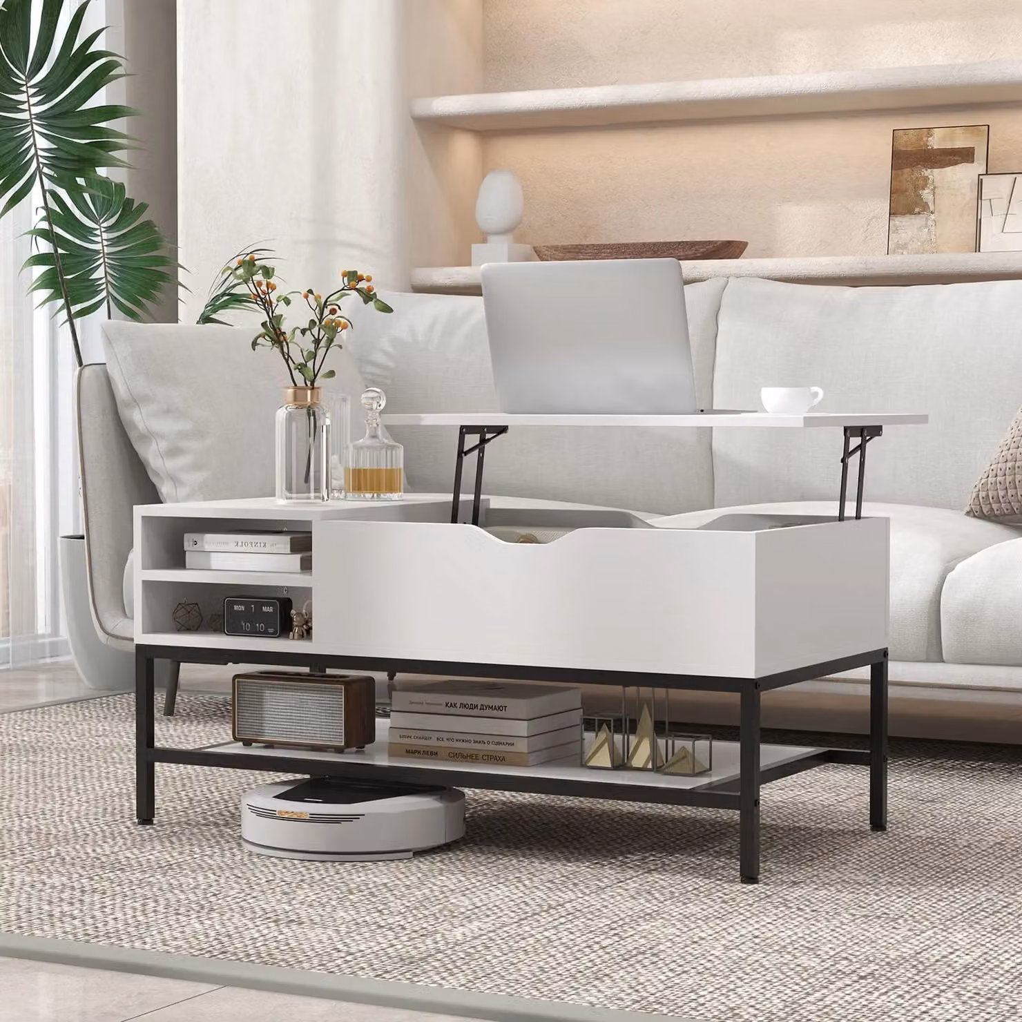 Gymax White Lift Top Coffee Table with Open Compartment and Removable Shelf – 2