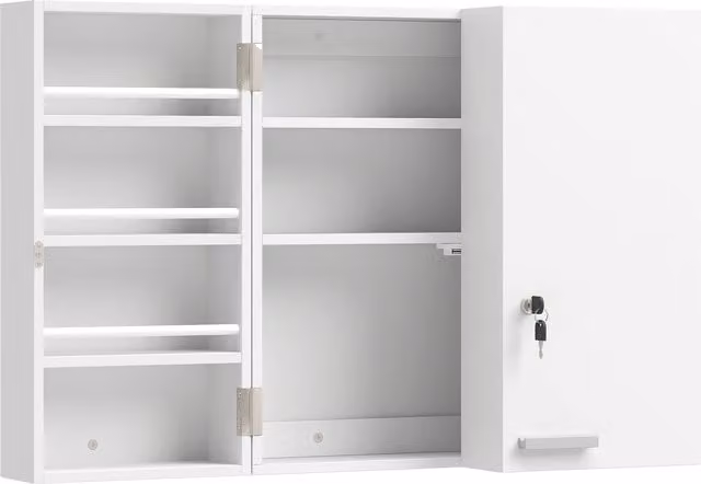 HOMCOM Wall Mounted Medicine Cabinet with Key Lock, 3 Tier First Aid Cabinet with 2 Hinged Doors and Internal Shelves, White