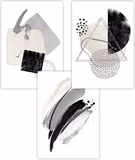 ARTZE Set of 3 Modern Abstract Geometric Paper Posters in Black, Grey and Silver, W: 59 cm, H: 84 cm