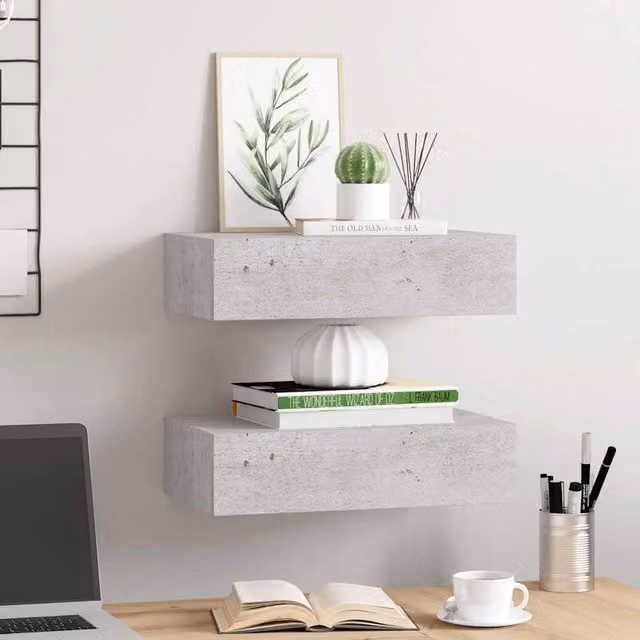 Berkfield Home Wall Mounted Drawer Shelves, 2 Pack, Concrete Grey MDF and Metal, W/D/H: 40 x 23.5 x 10 cm – 1