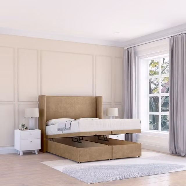 Sloomy Devonshire Naples Fabric Ottoman Bed with Sprung Memory Mattress and 54 Inch Winged Headboard, Beige/Brown, W/D/H: 120 x 200 cm
