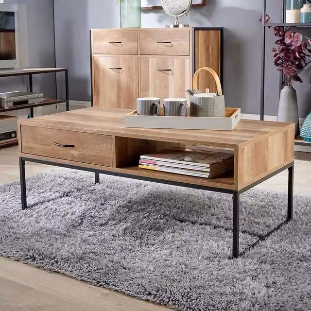FORGEVIO Industrial Coffee Table with Storage Organiser in Brown Oak Effect and Black Metal – 1