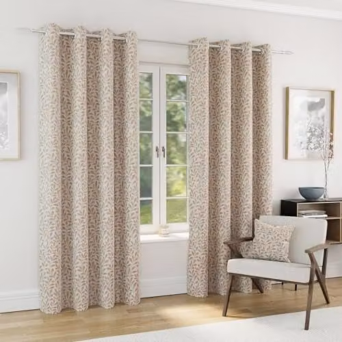 Enhanced Living Sherwood Natural Jaquard Leaf Eyelet Blackout Curtains, Beige/Sand, W: 168 cm, H: 229 cm – 1