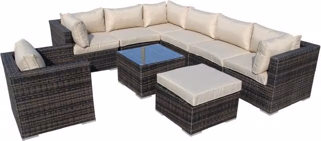 Furniture One 9 Piece L-Shape Rattan Garden Patio Sofa Set with Ottoman in Brown