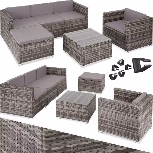 Tectake Lignano Grey Rattan Garden Furniture Set with Upholstered Cushions, 3-Seater Sofa, Armchair, Corner Element and Coffee Table