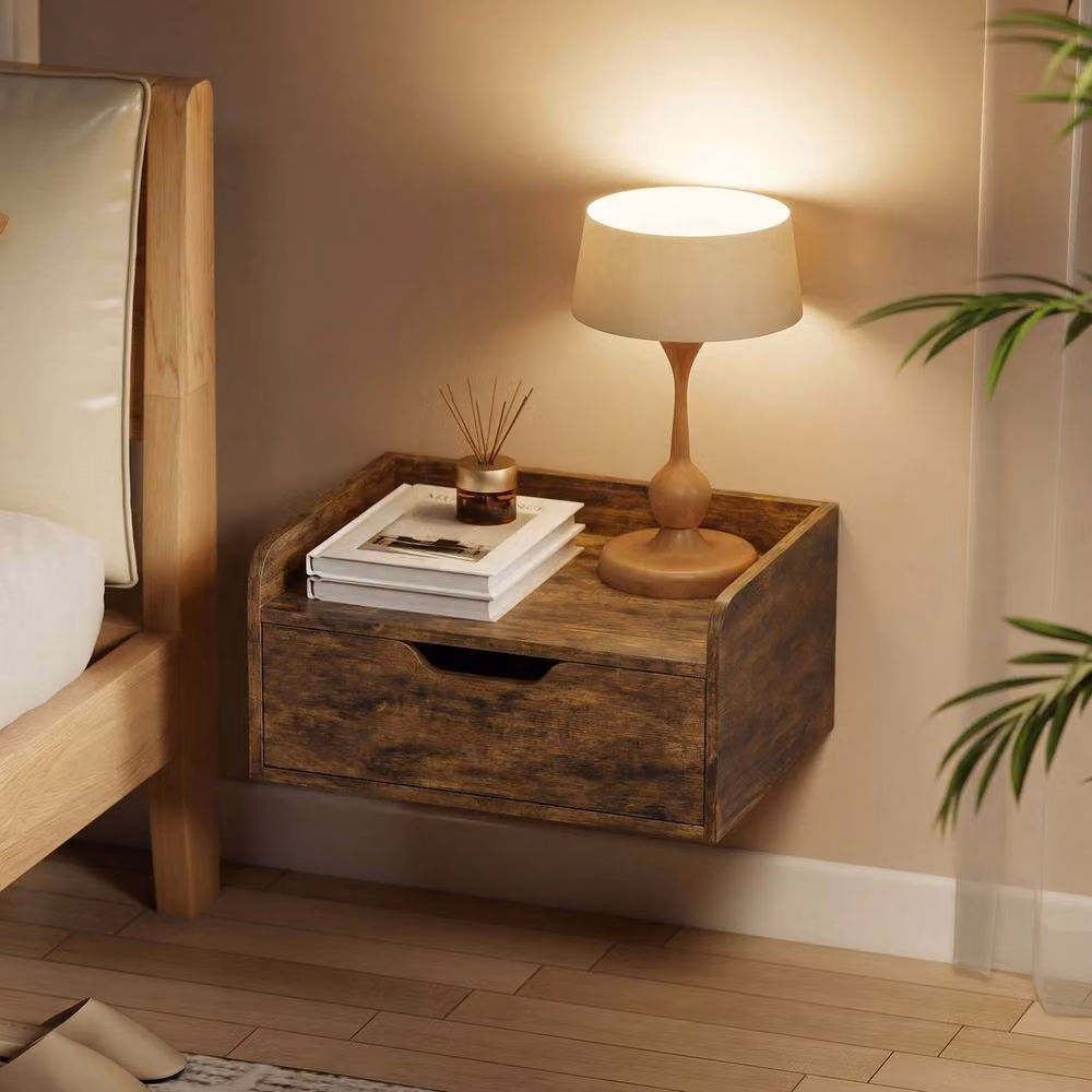 STILVORA Set of 2 Modern Wall Mounted Bedside Tables with Drawer in Dark Brown – 5