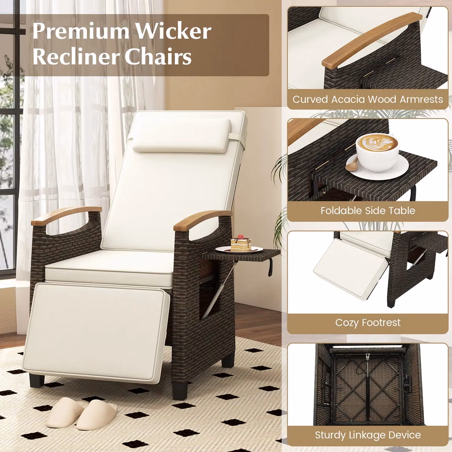 Costway White Rattan Patio Recliner Chair with Adjustable Backrest and Acacia Wood Frame – 6
