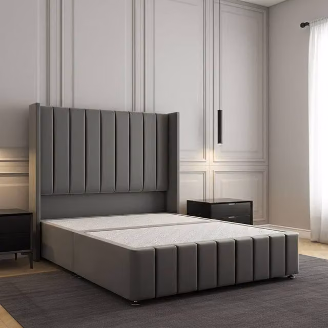 Regional Furnishings Grey Velvet Upholstered Double Divan Bed W/ 54 inch Headboard and 12 inch Footboard, W/D/H: 140 x 200 cm