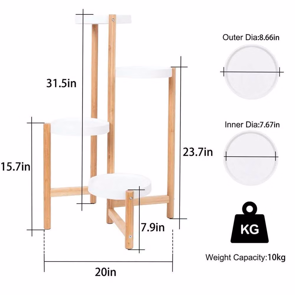 KORVIXA 4 Tier Round Bamboo Indoor Corner Plant Stand in White, Height: 80 cm – 2