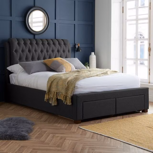 Birlea Valentino Upholstered Fabric Storage Bed Frame with Drawers, Grey, W: 140 cm, D: 200 cm, H: 74 cm