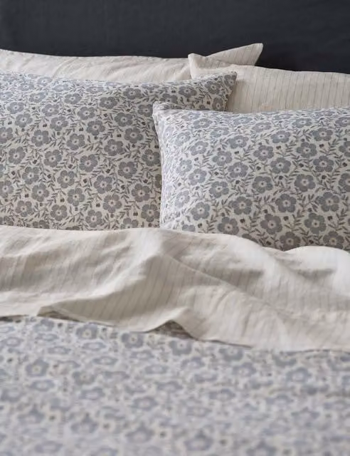 Piglet In Bed 2 Pack Blue Mix Folk Floral Linen Rich Pillowcases