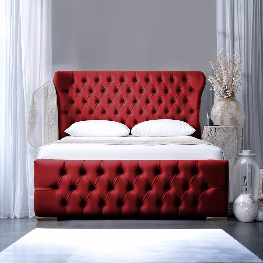 UK Bed Furniture Isabella Upholstered Velvet Slatted Base Bed with 48 Inch Wingback Headboard in Red, Size: Super King (200 x 200 cm) – 2