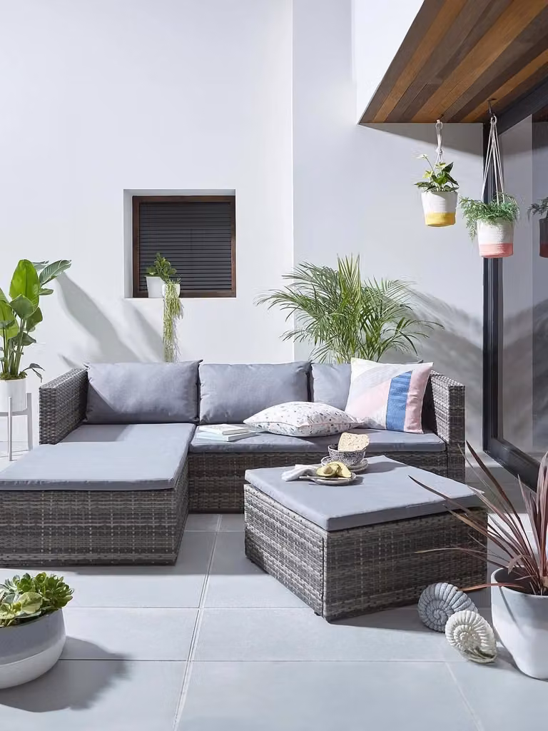 Hamilton Grey Rattan L-Shape Corner Sofa Set with Matching Ottoman and Cushions