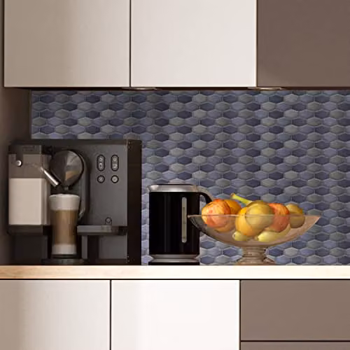 WALPLUS Self Adhesive Geometric Honeycomb Hexagon Wall Tile Stickers in Dark Blue and Grey, 12 Pieces, W: 28.5 cm, H: 14 cm – 2