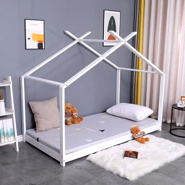 HMD Furniture Kids Single House Bed Frame in White Lacquered Solid Pine Wood
