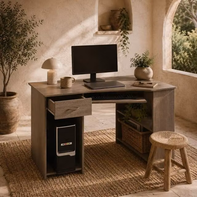 Wyld Haus Nifi Grey L-Shaped Corner Desk with Keyboard Tray and Shelves, W: 120 cm
