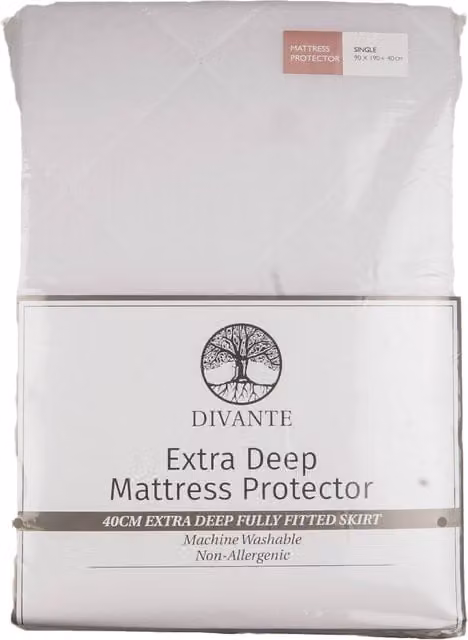 Divante Extra Deep Cotton Mattress Protector, White, W/D/H: 90 x 200 x 40 cm