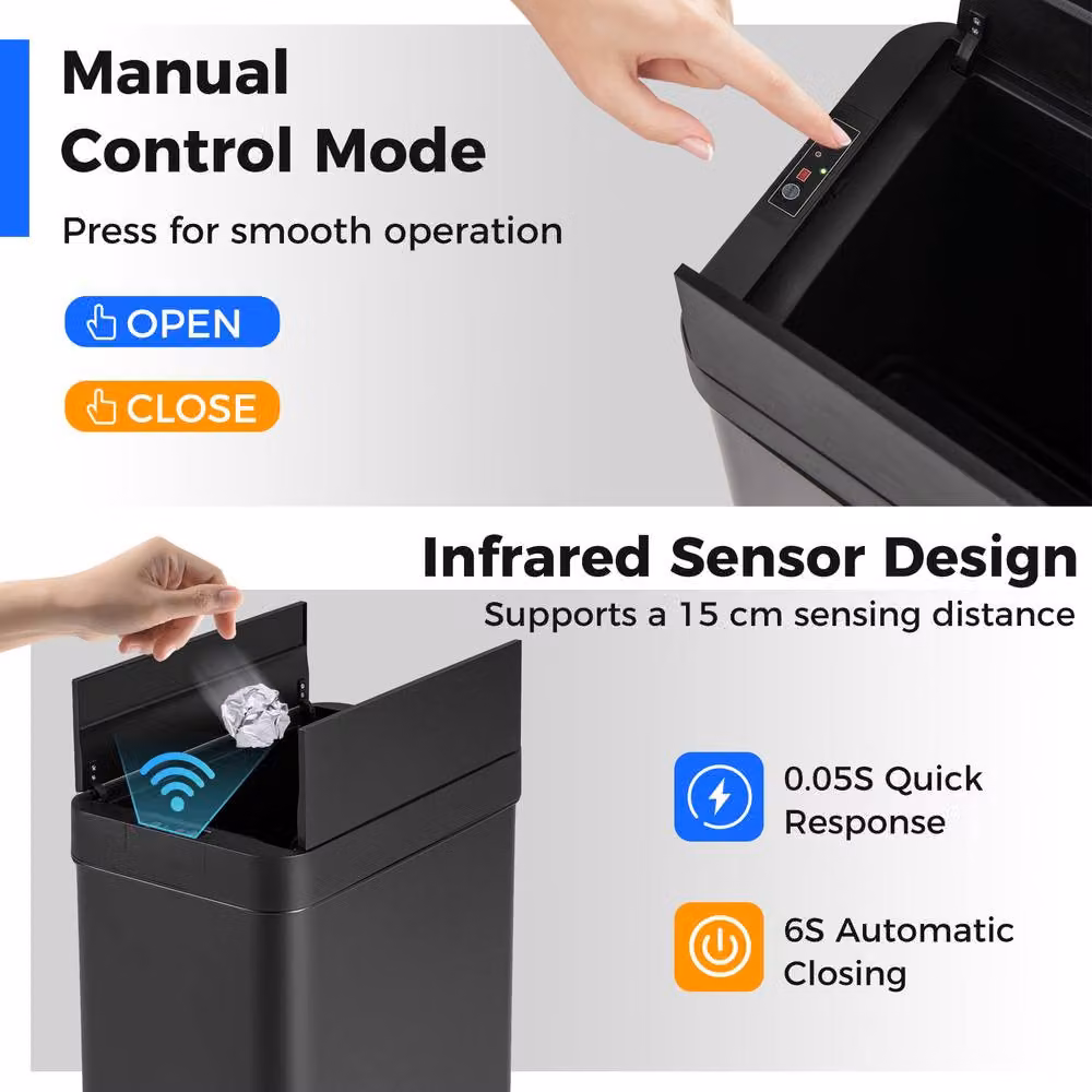 Costway 50L Automatic Sensor Slim Kitchen Trash Can in Black with Soft Close Stainless Steel Lid – 8