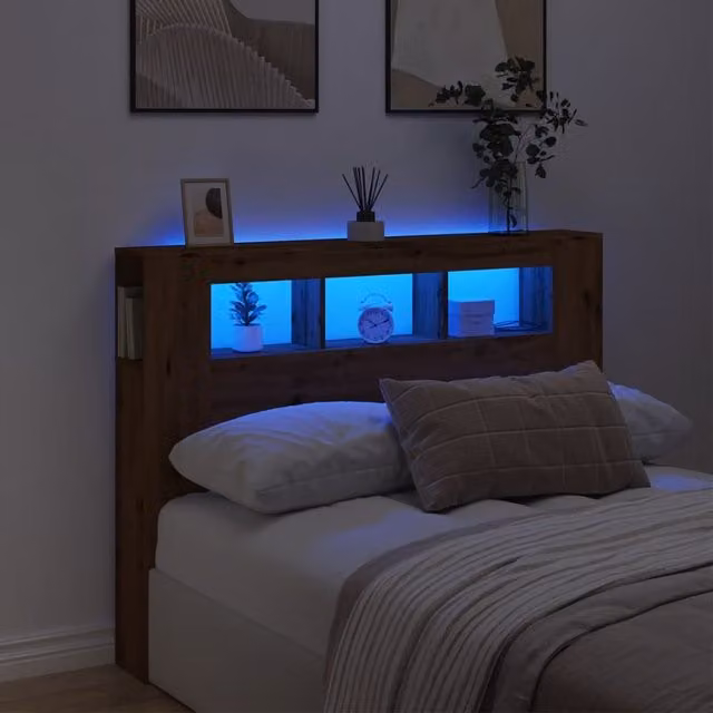 Berkfield Home Artisan Oak LED Headboard in Brown with Integrated Lighting, Shelf and USB Charging Port, W: 140 cm, D: 18.5 cm, H: 103.5 cm – 1