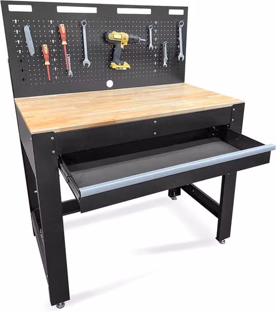 Phoenix Safe Company TW4501B Tool Workbench with Rubberwood Work Surface and Pegboard in Black, W: 100 cm x D: 114 cm x H: 100 cm