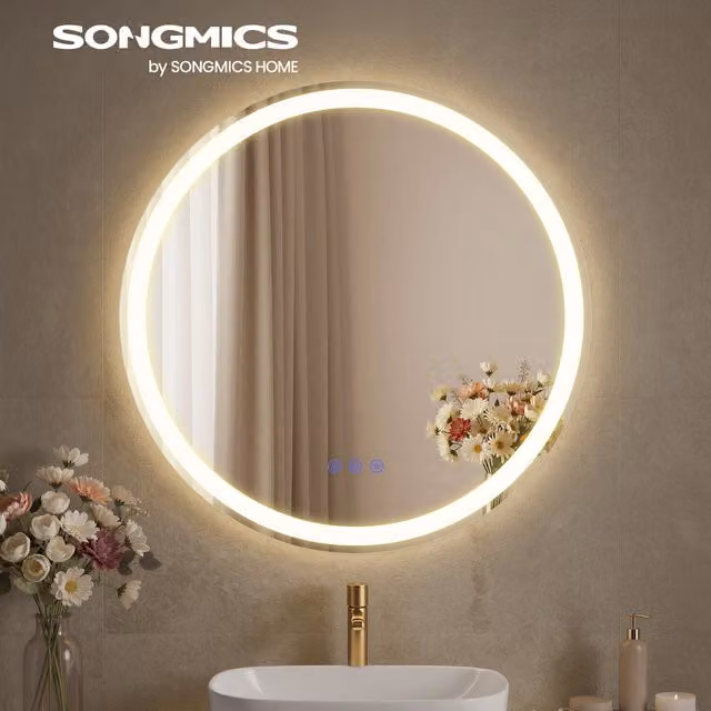 SONGMICS Round LED Anti-Fog Bathroom Mirror in White with Dimmable Touch Switch