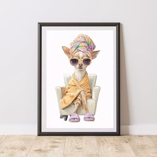 60 Second Makeover Chihuahua Pamper Watercolour Print Wall Art Poster, Multicolour, A4