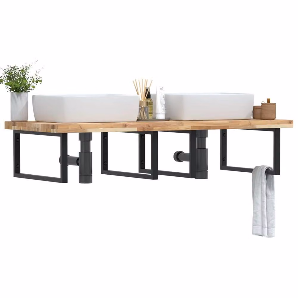 Berkfield Home Wall Mounted Basin Shelf in Brown Steel and Solid Acacia Wood