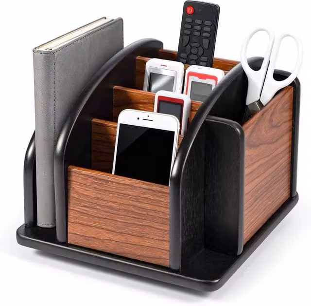 VOGREX Rotating Solid Wood Multi-Compartment Desk Organiser in Brown – 1