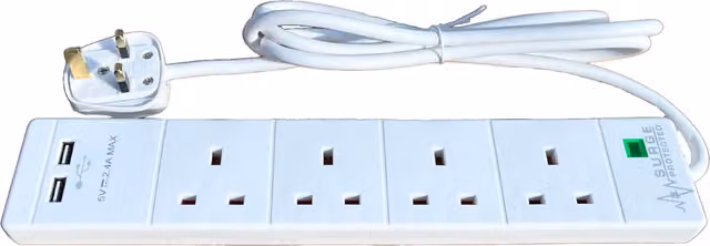 ShaniTech 4 Gang Surge Protected Extension Lead with 2 USB Ports, 2m, White