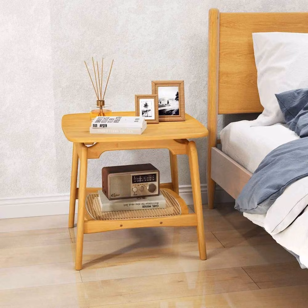 KORVIXA Boho Bamboo Accent Bedside Square End Table with Shelf in Natural Sand/Brown, W/D/H: 100 x 100 x 100 cm – 2