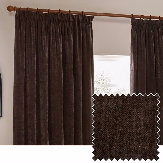 Yard Heavy Chenille Blackout Pencil Pleat Curtain Pair in Brown, Width: 229 cm, Drop: 183 cm