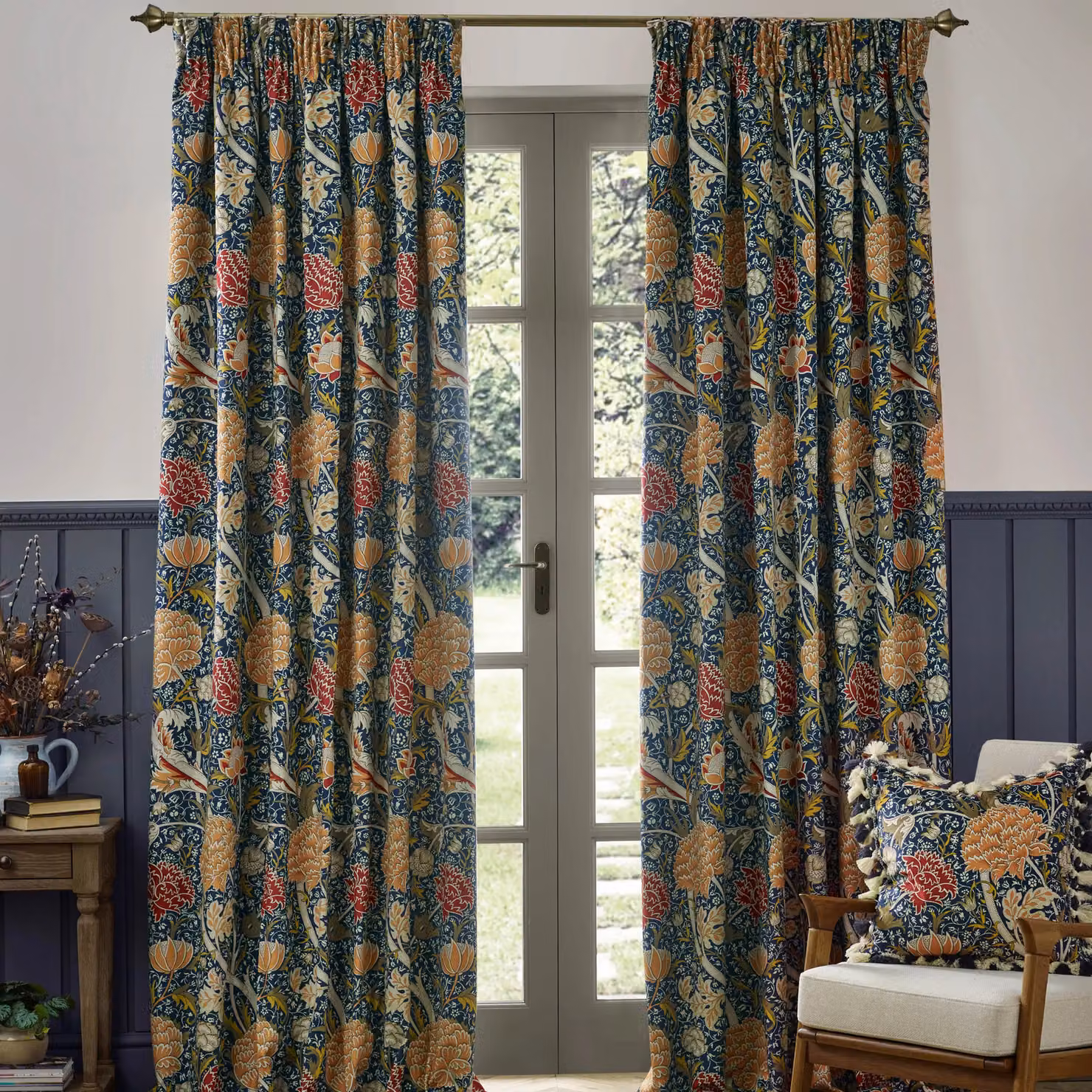 Morris & Co Floral Velvet Pencil Pleat Curtains in Blue, Width: 168 cm, Drop: 229 cm – 2