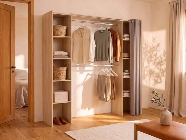 Vente-unique Extendable Wardrobe with Curtain in Oak and Grey, W: 110 cm, H: 205 cm – 1