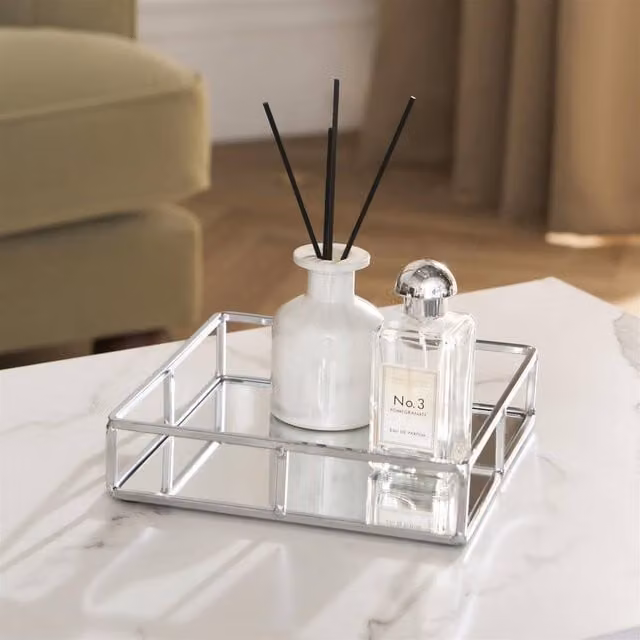 OHS Modern Square Mirrored Storage Tray with Metal Frame in Silver, W: 21 cm