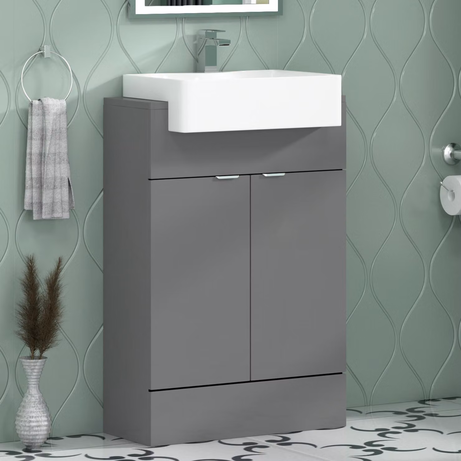 Royal Bathrooms Elena 600mm Floor Standing Vanity Sink Unit in Indigo Grey Gloss with Semi Recessed Basin and 2 Soft Close Doors