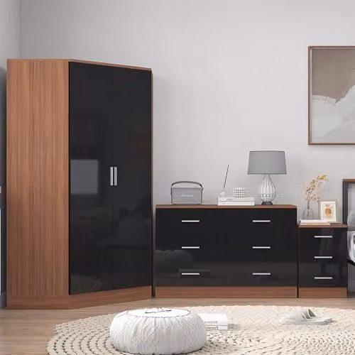 Reflect Bedroom Furniture Bundle with Corner Wardrobe, 6 Drawer Chest and 3 Drawer Bedside in Gloss Black and Matt Walnut – 2