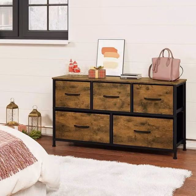 FORGEVIO Industrial Wide 5 Drawer Chest of Drawers with Metal Legs in Brown
