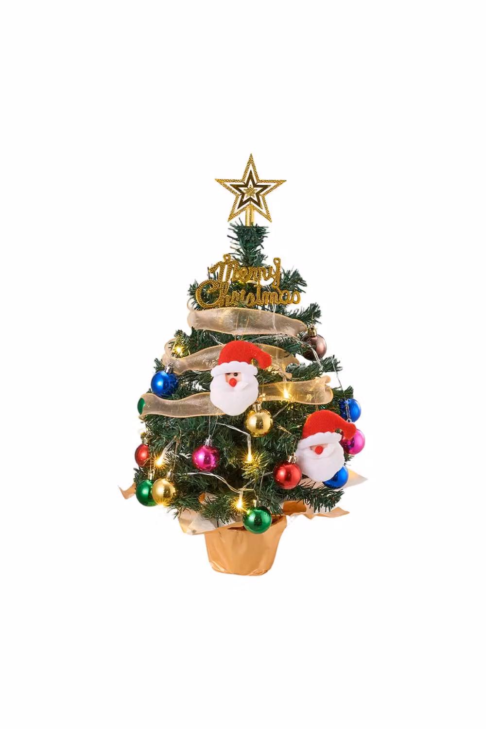 Living and Home Tabletop Mini Christmas Tree in Gold Pot with Multicolour Lights, Balls, Santa and Star Topping – 3